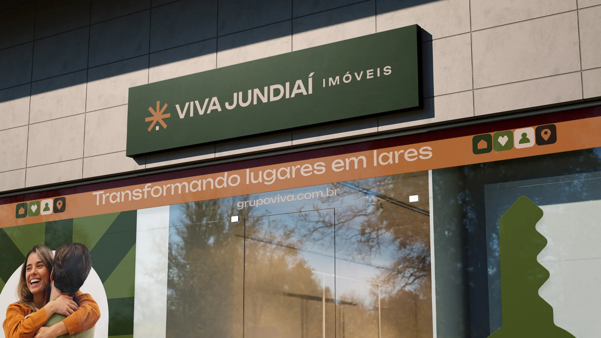 Fachada de uma unidade Viva Jundiaí com a identidade visual do Grupo Viva Imóveis